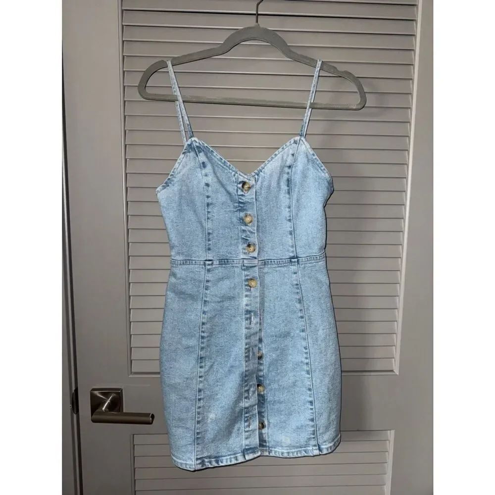 Zara Light Blue Denim Button-Front Mini Dress